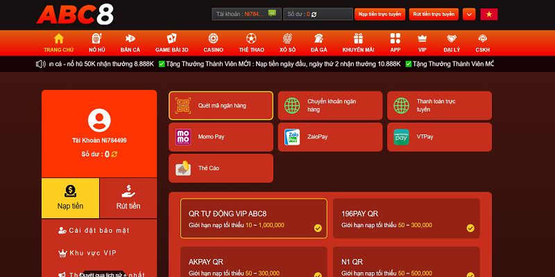 Nạp tiền ABC8 hướng dẫn với 3 bước chi tiết
